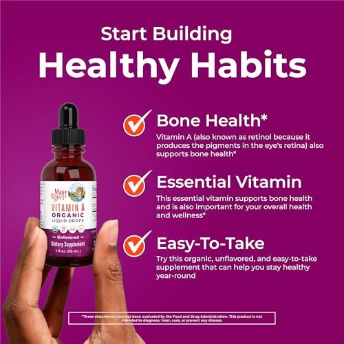 MARYRUTH'S Organics USDA Bio Vitamin A Liquid Tropfen | 3 Monate Vorrat | Knochengesundheit ab 14 Jahren | 750 µg pro Portion | Zuckerfrei | Vegan | Ohne Gentechnik | Glutenfrei | 30 ml
