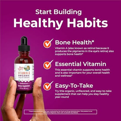 MARYRUTH'S Organics USDA Bio Vitamin A Liquid Tropfen | 3 Monate Vorrat | Knochengesundheit ab 14 Jahren | 750 µg pro Portion | Zuckerfrei | Vegan | Ohne Gentechnik | Glutenfrei | 30 ml