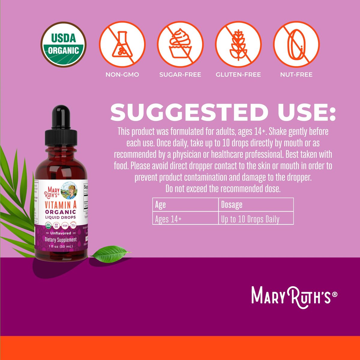 MARYRUTH'S Organics USDA Bio Vitamin A Liquid Tropfen | 3 Monate Vorrat | Knochengesundheit ab 14 Jahren | 750 µg pro Portion | Zuckerfrei | Vegan | Ohne Gentechnik | Glutenfrei | 30 ml