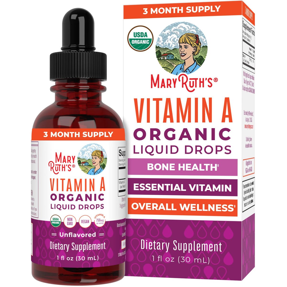 MARYRUTH'S Organics USDA Bio Vitamin A Liquid Tropfen | 3 Monate Vorrat | Knochengesundheit ab 14 Jahren | 750 µg pro Portion | Zuckerfrei | Vegan | Ohne Gentechnik | Glutenfrei | 30 ml