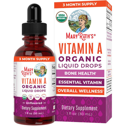 MARYRUTH'S Organics USDA Bio Vitamin A Liquid Tropfen | 3 Monate Vorrat | Knochengesundheit ab 14 Jahren | 750 µg pro Portion | Zuckerfrei | Vegan | Ohne Gentechnik | Glutenfrei | 30 ml