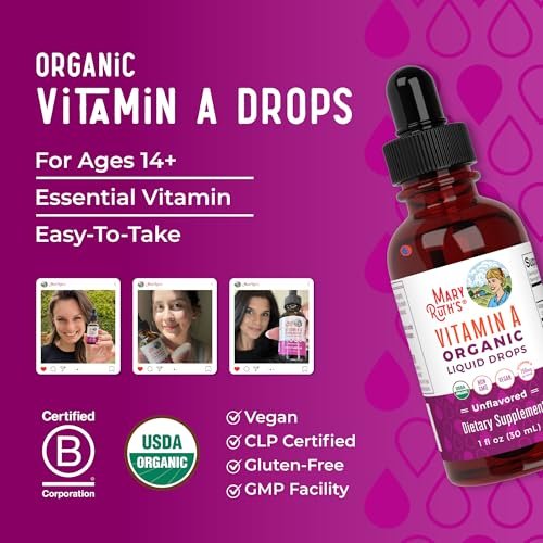 MARYRUTH'S Organics USDA Bio Vitamin A Liquid Tropfen | 3 Monate Vorrat | Knochengesundheit ab 14 Jahren | 750 µg pro Portion | Zuckerfrei | Vegan | Ohne Gentechnik | Glutenfrei | 30 ml