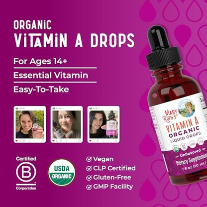 MARYRUTH'S Organics USDA Bio Vitamin A Liquid Tropfen | 3 Monate Vorrat | Knochengesundheit ab 14 Jahren | 750 µg pro Portion | Zuckerfrei | Vegan | Ohne Gentechnik | Glutenfrei | 30 ml