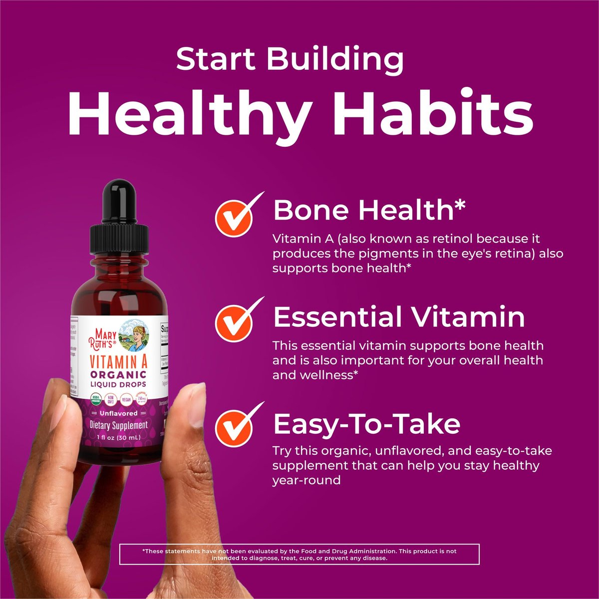 MARYRUTH'S Organics USDA Bio Vitamin A Liquid Tropfen | 3 Monate Vorrat | Knochengesundheit ab 14 Jahren | 750 µg pro Portion | Zuckerfrei | Vegan | Ohne Gentechnik | Glutenfrei | 30 ml