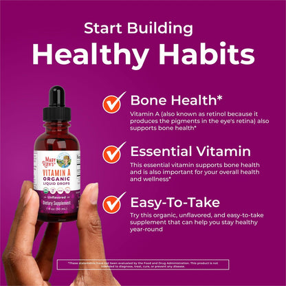 MARYRUTH'S Organics USDA Bio Vitamin A Liquid Tropfen | 3 Monate Vorrat | Knochengesundheit ab 14 Jahren | 750 µg pro Portion | Zuckerfrei | Vegan | Ohne Gentechnik | Glutenfrei | 30 ml