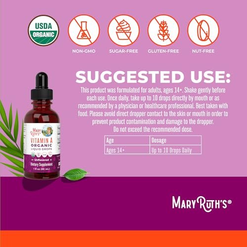 MARYRUTH'S Organics USDA Bio Vitamin A Liquid Tropfen | 3 Monate Vorrat | Knochengesundheit ab 14 Jahren | 750 µg pro Portion | Zuckerfrei | Vegan | Ohne Gentechnik | Glutenfrei | 30 ml