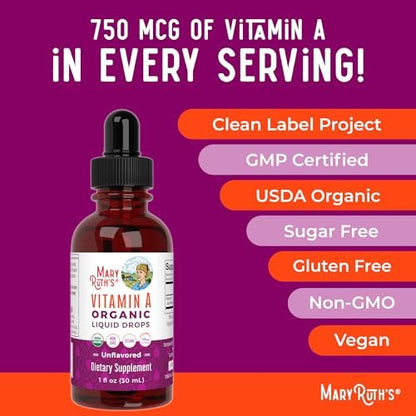 MARYRUTH'S Organics USDA Bio Vitamin A Liquid Tropfen | 3 Monate Vorrat | Knochengesundheit ab 14 Jahren | 750 µg pro Portion | Zuckerfrei | Vegan | Ohne Gentechnik | Glutenfrei | 30 ml