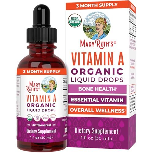 MARYRUTH'S Organics USDA Bio Vitamin A Liquid Tropfen | 3 Monate Vorrat | Knochengesundheit ab 14 Jahren | 750 µg pro Portion | Zuckerfrei | Vegan | Ohne Gentechnik | Glutenfrei | 30 ml