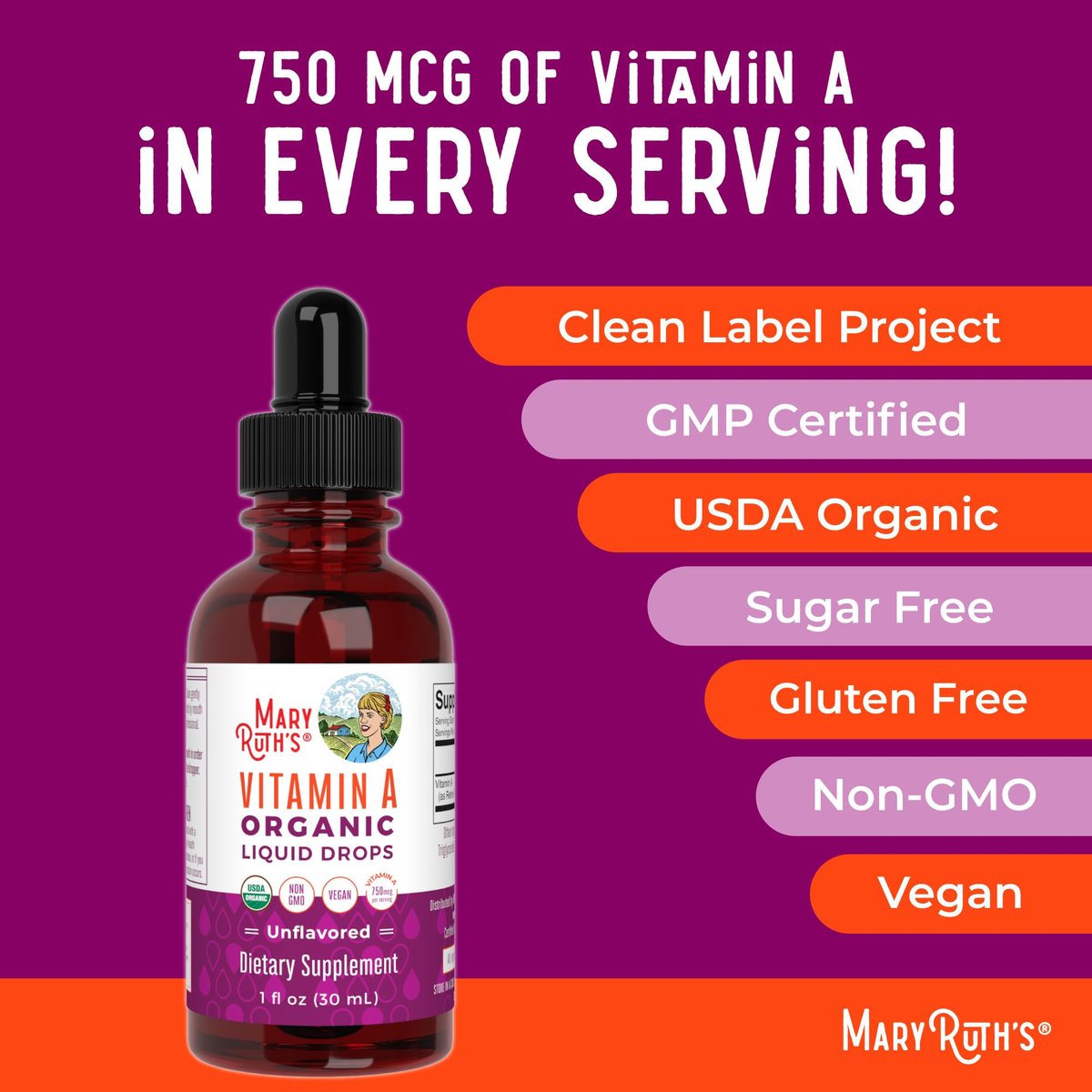 MARYRUTH'S Organics USDA Bio Vitamin A Liquid Tropfen | 3 Monate Vorrat | Knochengesundheit ab 14 Jahren | 750 µg pro Portion | Zuckerfrei | Vegan | Ohne Gentechnik | Glutenfrei | 30 ml