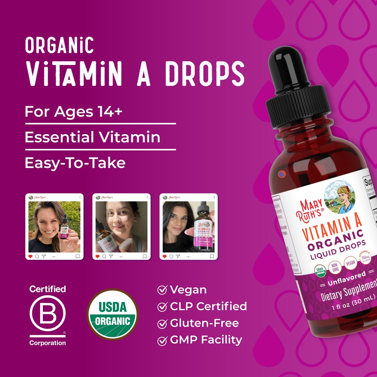 MARYRUTH'S Organics USDA Bio Vitamin A Liquid Tropfen | 3 Monate Vorrat | Knochengesundheit ab 14 Jahren | 750 µg pro Portion | Zuckerfrei | Vegan | Ohne Gentechnik | Glutenfrei | 30 ml
