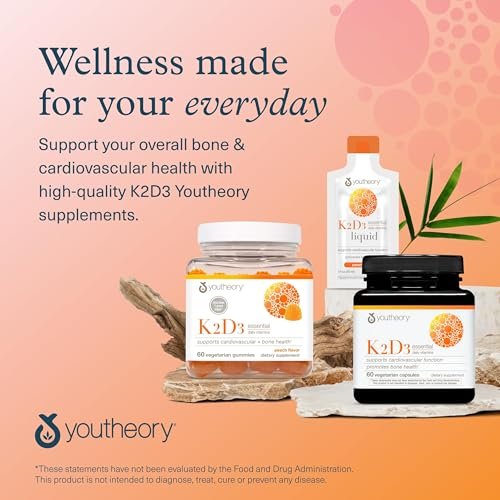 Youtheory K2D3 – Knochen- und Herzunterstützung mit Vitamin D3 und K2 – 60 vegane Kapseln
