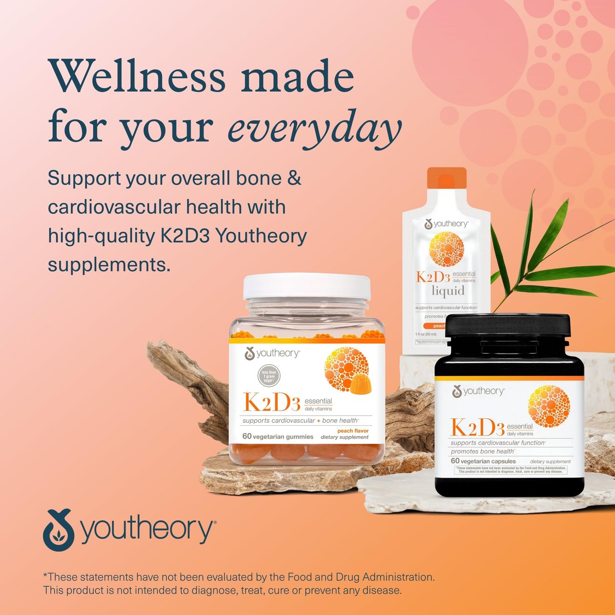 Youtheory K2D3 – Knochen- und Herzunterstützung mit Vitamin D3 und K2 – 60 vegane Kapseln