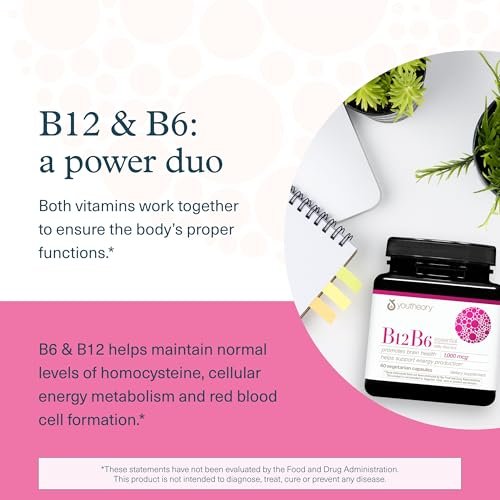 Youtheory B12B6 – Vitamin B12 & B6 für Stimmung, Nervensystem und Stoffwechsel* – Unterstützt Gedächtnis und Stressmanagement* – Ohne Milchprodukte, Soja oder Gluten – 60 Kapseln (60 Portionen)*