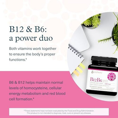 Youtheory B12B6 – Vitamin B12 & B6 für Stimmung, Nervensystem und Stoffwechsel* – Unterstützt Gedächtnis und Stressmanagement* – Ohne Milchprodukte, Soja oder Gluten – 60 Kapseln (60 Portionen)*