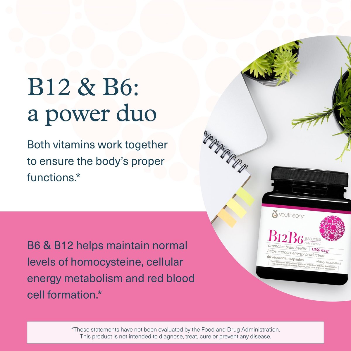 Youtheory B12B6 – Vitamin B12 & B6 für Stimmung, Nervensystem und Stoffwechsel* – Unterstützt Gedächtnis und Stressmanagement* – Ohne Milchprodukte, Soja oder Gluten – 60 Kapseln (60 Portionen)*