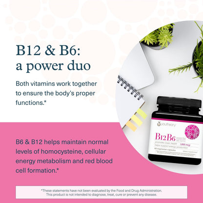 Youtheory B12B6 – Vitamin B12 & B6 für Stimmung, Nervensystem und Stoffwechsel* – Unterstützt Gedächtnis und Stressmanagement* – Ohne Milchprodukte, Soja oder Gluten – 60 Kapseln (60 Portionen)*