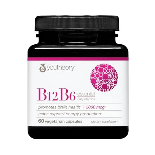 Youtheory B12B6 – Vitamin B12 & B6 für Stimmung, Nervensystem und Stoffwechsel* – Unterstützt Gedächtnis und Stressmanagement* – Ohne Milchprodukte, Soja oder Gluten – 60 Kapseln (60 Portionen)*
