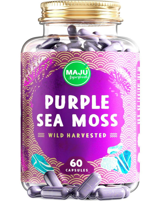MAJU's Kraftvolle Lila Seemoos Kapseln (60 Stk.), Extra-Starke Lila Mineralien, Chondrus Crispus, Stärker als Gel, im Vergleich zu Bio-Irischem Seemoos, Wild Geerntete Pulverpillen