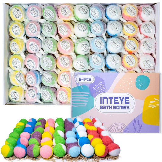 INTEYE Luxus Badebomben Geschenkset - 54 Stück Hautpflegende Badesalze mit Natürlichen Ätherischen Ölen & 9 Düften | Spa-Qualität Selbstpflege für Frauen, Männer, Kinder (Umweltfreundliche Verpackung)