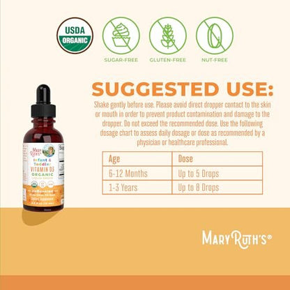 MARYRUTH'S USDA Bio Vitamin D Tropfen | Vitamin D3 flüssig | Zuckerfrei | Flüssige Vitamin D Tropfen Immununterstützung für Säuglinge & Kleinkinder | VIT D3 | Glutenfrei | Nicht-GVO | 90-150 Portionen