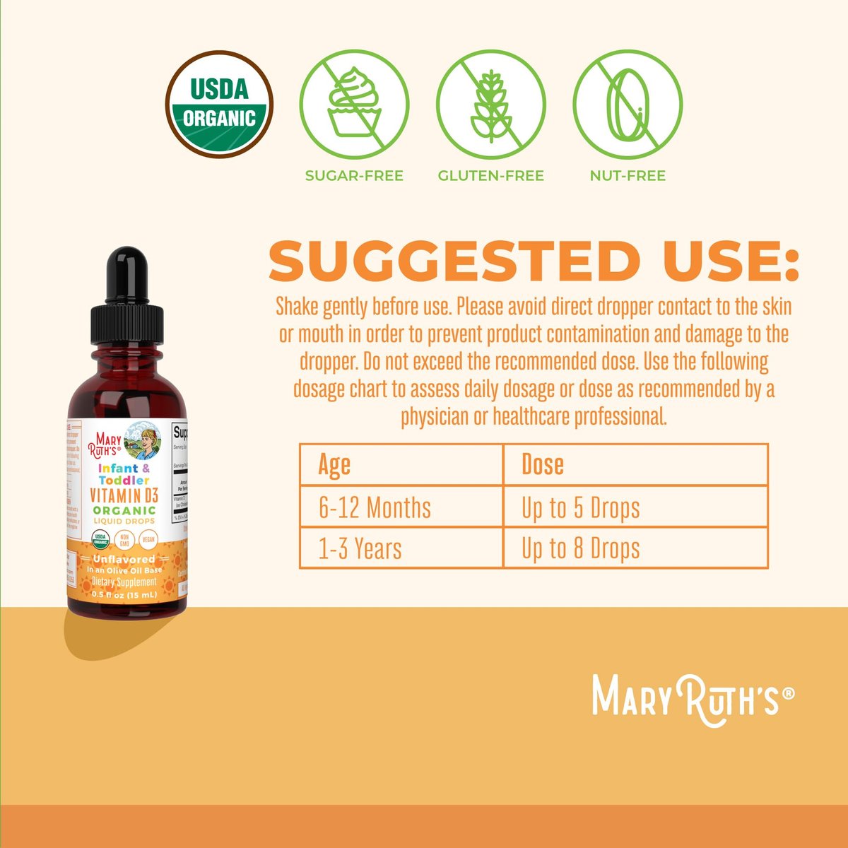 MARYRUTH'S USDA Bio Vitamin D Tropfen | Vitamin D3 flüssig | Zuckerfrei | Flüssige Vitamin D Tropfen Immununterstützung für Säuglinge & Kleinkinder | VIT D3 | Glutenfrei | Nicht-GVO | 90-150 Portionen