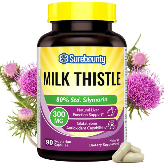 Surebounty Bio Mariendistel, konzentrierter Samenextrakt, 80 % Silymarin, Leberunterstützung, Reinigung, Entgiftung, Fettleber-Ergänzung, Non-GMO, gluten- & sojafrei, 90 vegane Kapseln, 3-Monats-Vorrat