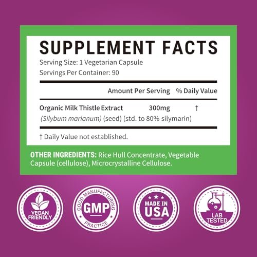 Surebounty Bio Mariendistel, konzentrierter Samenextrakt, 80 % Silymarin, Leberunterstützung, Reinigung, Entgiftung, Fettleber-Ergänzung, Non-GMO, gluten- & sojafrei, 90 vegane Kapseln, 3-Monats-Vorrat