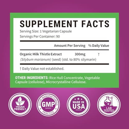 Surebounty Bio Mariendistel, konzentrierter Samenextrakt, 80 % Silymarin, Leberunterstützung, Reinigung, Entgiftung, Fettleber-Ergänzung, Non-GMO, gluten- & sojafrei, 90 vegane Kapseln, 3-Monats-Vorrat