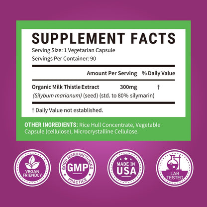 Surebounty Bio Mariendistel, konzentrierter Samenextrakt, 80 % Silymarin, Leberunterstützung, Reinigung, Entgiftung, Fettleber-Ergänzung, Non-GMO, gluten- & sojafrei, 90 vegane Kapseln, 3-Monats-Vorrat