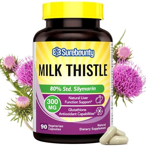 Surebounty Bio Mariendistel, konzentrierter Samenextrakt, 80 % Silymarin, Leberunterstützung, Reinigung, Entgiftung, Fettleber-Ergänzung, Non-GMO, gluten- & sojafrei, 90 vegane Kapseln, 3-Monats-Vorrat