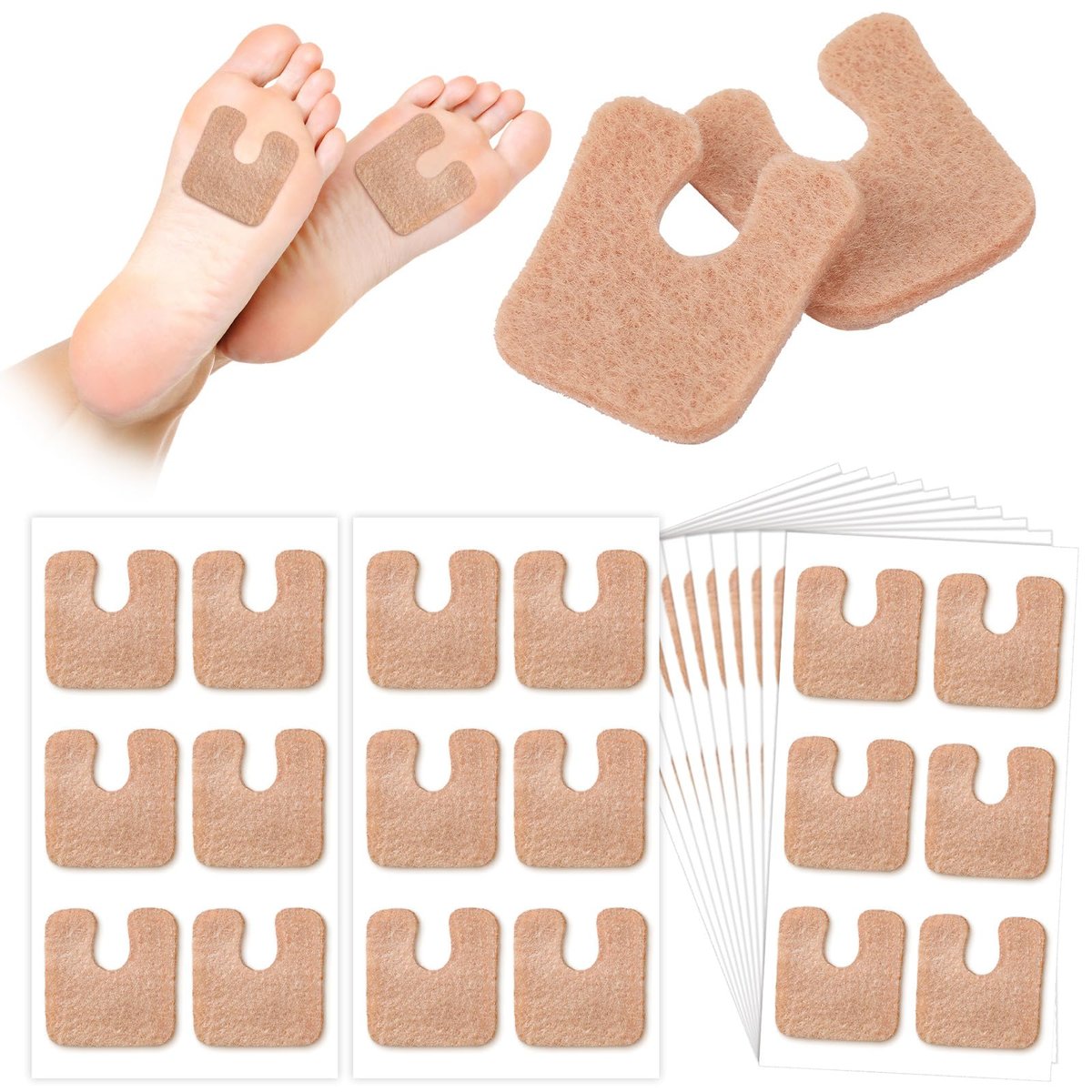 Boao 60 Stück Hornhautpads 1/4 Zoll dick U-förmig Fila-Pads Filz-Hornhautkissen Klebender Hühneraugenschutz für Männer Frauen Füße Zehen Schmerzlinderung Blasenprävention