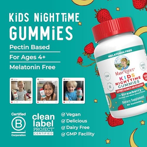MARYRUTH'S Kinder-Nachtgummis | Zuckerfrei | Ohne Melatonin mit L-Theanin, Melisse, Kamille, Vitamin B6 | Entspannung für Kinder ab 2 Jahren | Vegan | Ohne Gentechnik | Glutenfrei | 60 Stück
