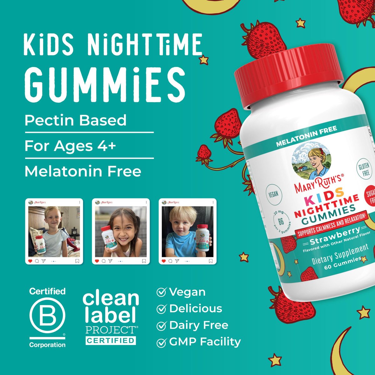 MARYRUTH'S Kinder-Nachtgummis | Zuckerfrei | Ohne Melatonin mit L-Theanin, Melisse, Kamille, Vitamin B6 | Entspannung für Kinder ab 2 Jahren | Vegan | Ohne Gentechnik | Glutenfrei | 60 Stück