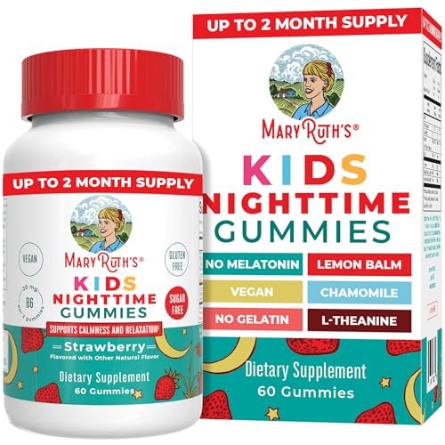 MARYRUTH'S Kinder-Nachtgummis | Zuckerfrei | Ohne Melatonin mit L-Theanin, Melisse, Kamille, Vitamin B6 | Entspannung für Kinder ab 2 Jahren | Vegan | Ohne Gentechnik | Glutenfrei | 60 Stück