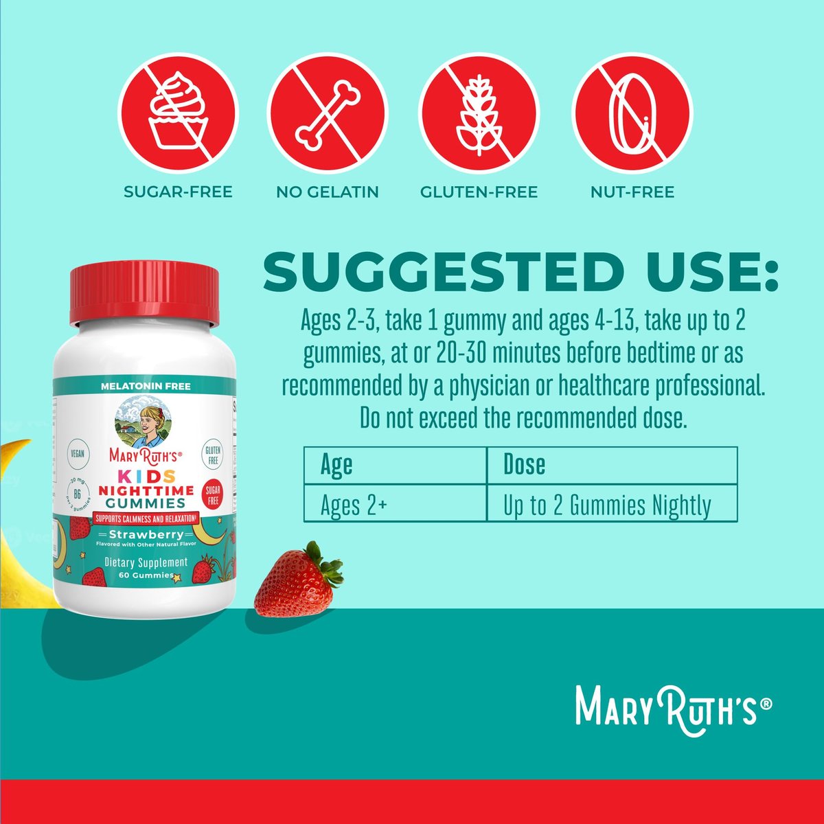 MARYRUTH'S Kinder-Nachtgummis | Zuckerfrei | Ohne Melatonin mit L-Theanin, Melisse, Kamille, Vitamin B6 | Entspannung für Kinder ab 2 Jahren | Vegan | Ohne Gentechnik | Glutenfrei | 60 Stück