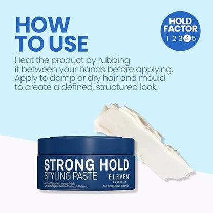 ELEVEN AUSTRALIA Strong Hold Haarstyling-Paste für Männer & Frauen – Matte Finish Texturpaste für kurzes bis mittellanges Haar, fester Halt den ganzen Tag, formende Stylingcreme, verleiht Glanz, tierversuchsfrei – 85 g