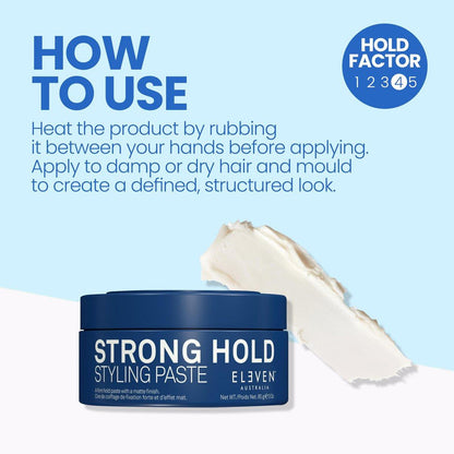 ELEVEN AUSTRALIA Strong Hold Haarstyling-Paste für Männer & Frauen – Matte Finish Texturpaste für kurzes bis mittellanges Haar, fester Halt den ganzen Tag, formende Stylingcreme, verleiht Glanz, tierversuchsfrei – 85 g