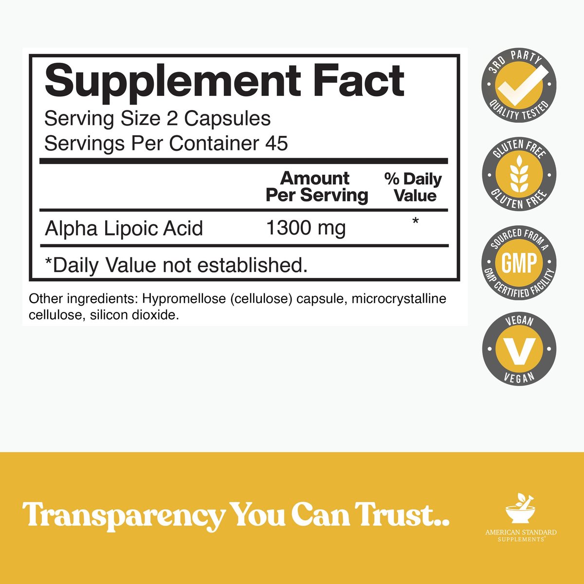 Alpha-Liponsäure 1300 mg pro Portion – Vegan, Glutenfrei, Non-GMO, 90 Kapseln, 45 Portionen