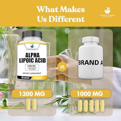 Alpha-Liponsäure 1300 mg pro Portion – Vegan, Glutenfrei, Non-GMO, 90 Kapseln, 45 Portionen