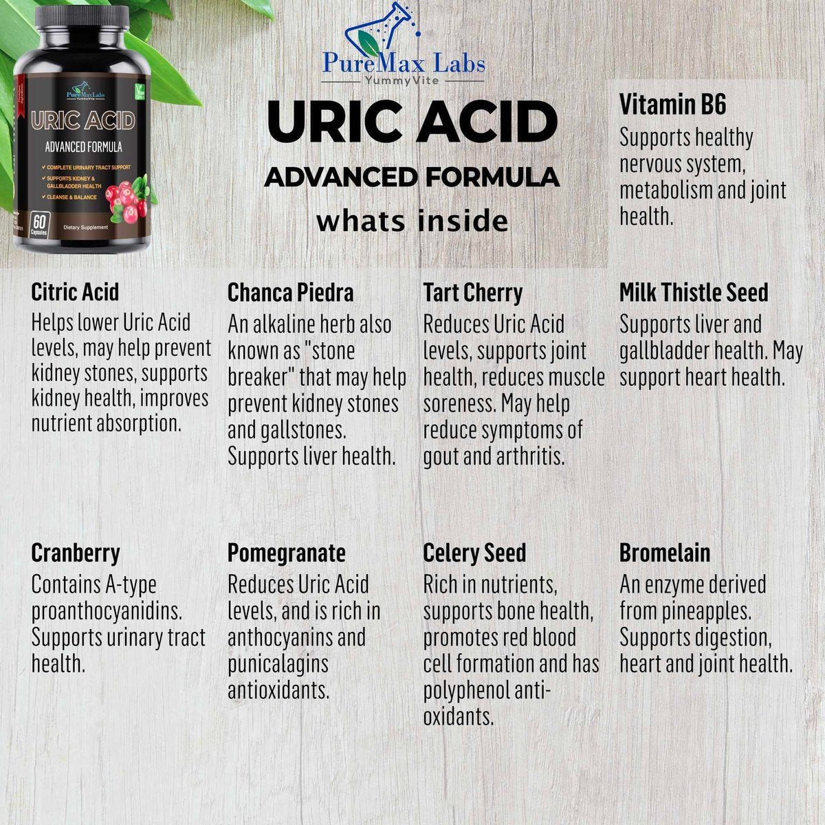 YUMMYVITE Harnsäure-Advanced-Formel – Nieren-, Leber-, Gallenblasen- und Harntrakt-Reinigung mit Cranberry, Chanca Piedra, Sauerkirsche, Mariendistel und Bromelain – 60 Kapseln