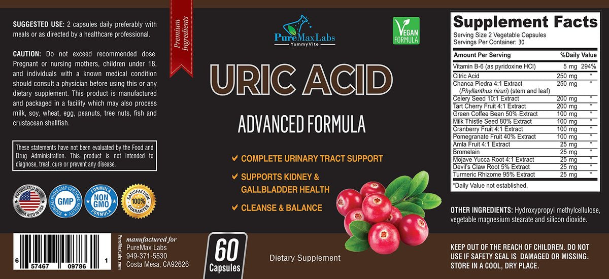 YUMMYVITE Harnsäure-Advanced-Formel – Nieren-, Leber-, Gallenblasen- und Harntrakt-Reinigung mit Cranberry, Chanca Piedra, Sauerkirsche, Mariendistel und Bromelain – 60 Kapseln
