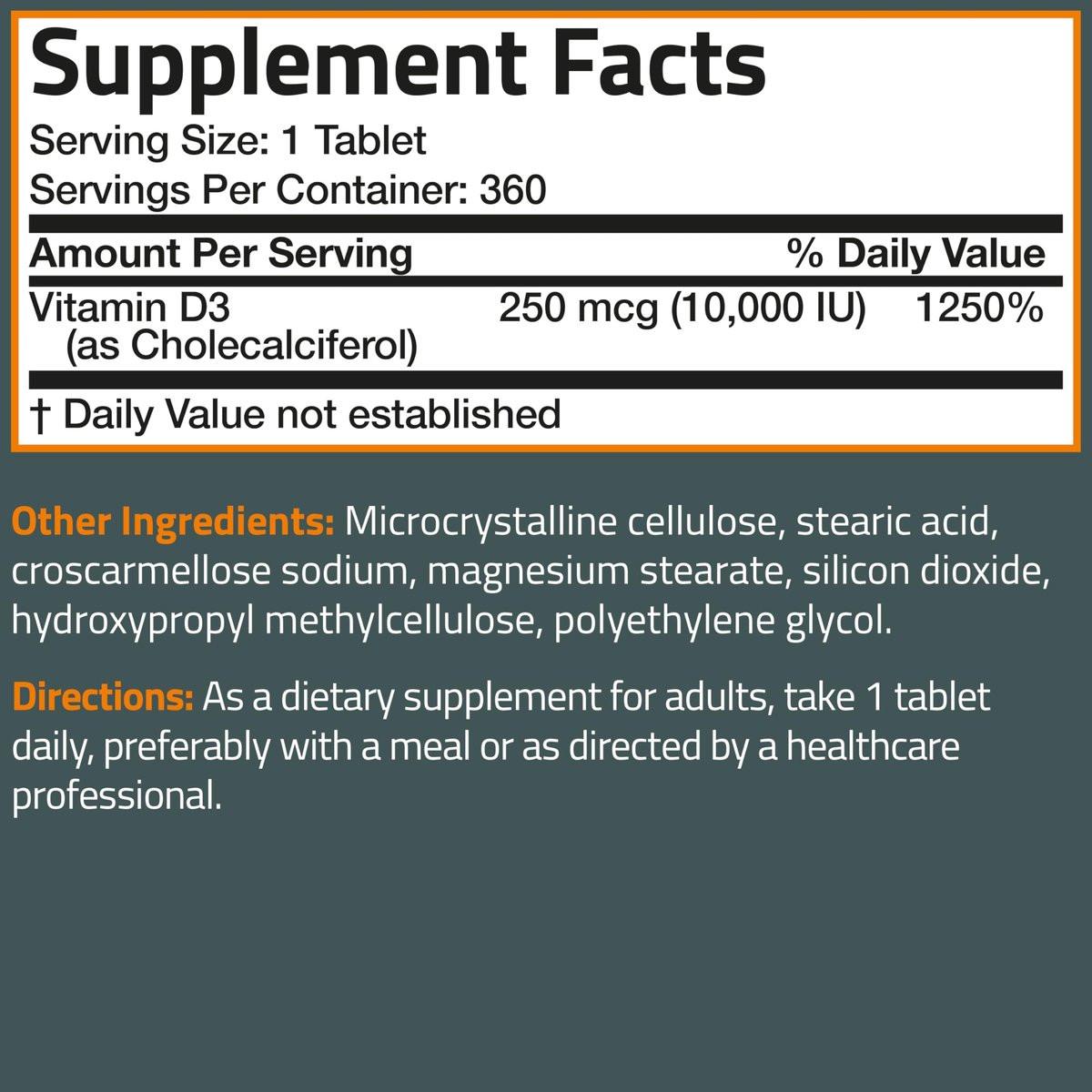 Bronson Vitamin D3 10.000 IE (250 µg) – 360 Tabletten für gesunde Muskelfunktion und Immununterstützung, Non-GMO