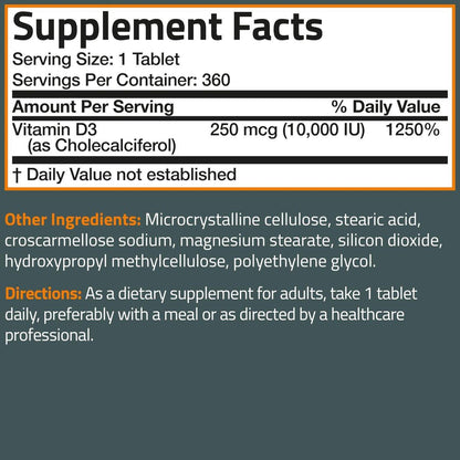 Bronson Vitamin D3 10.000 IE (250 µg) – 360 Tabletten für gesunde Muskelfunktion und Immununterstützung, Non-GMO