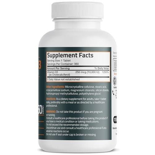 Bronson Vitamin D3 10.000 IE (250 µg) – 360 Tabletten für gesunde Muskelfunktion und Immununterstützung, Non-GMO