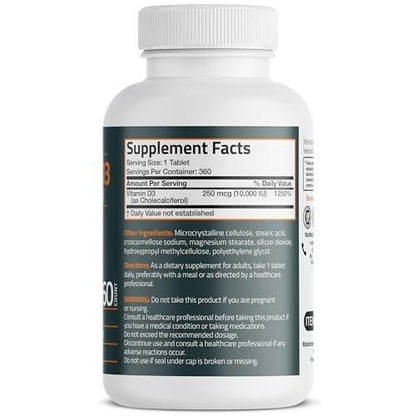 Bronson Vitamin D3 10.000 IE (250 µg) – 360 Tabletten für gesunde Muskelfunktion und Immununterstützung, Non-GMO