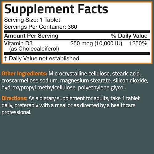 Bronson Vitamin D3 10.000 IE (250 mcg) – 180 Tabletten für Muskel- und Immununterstützung, Nicht-GVO