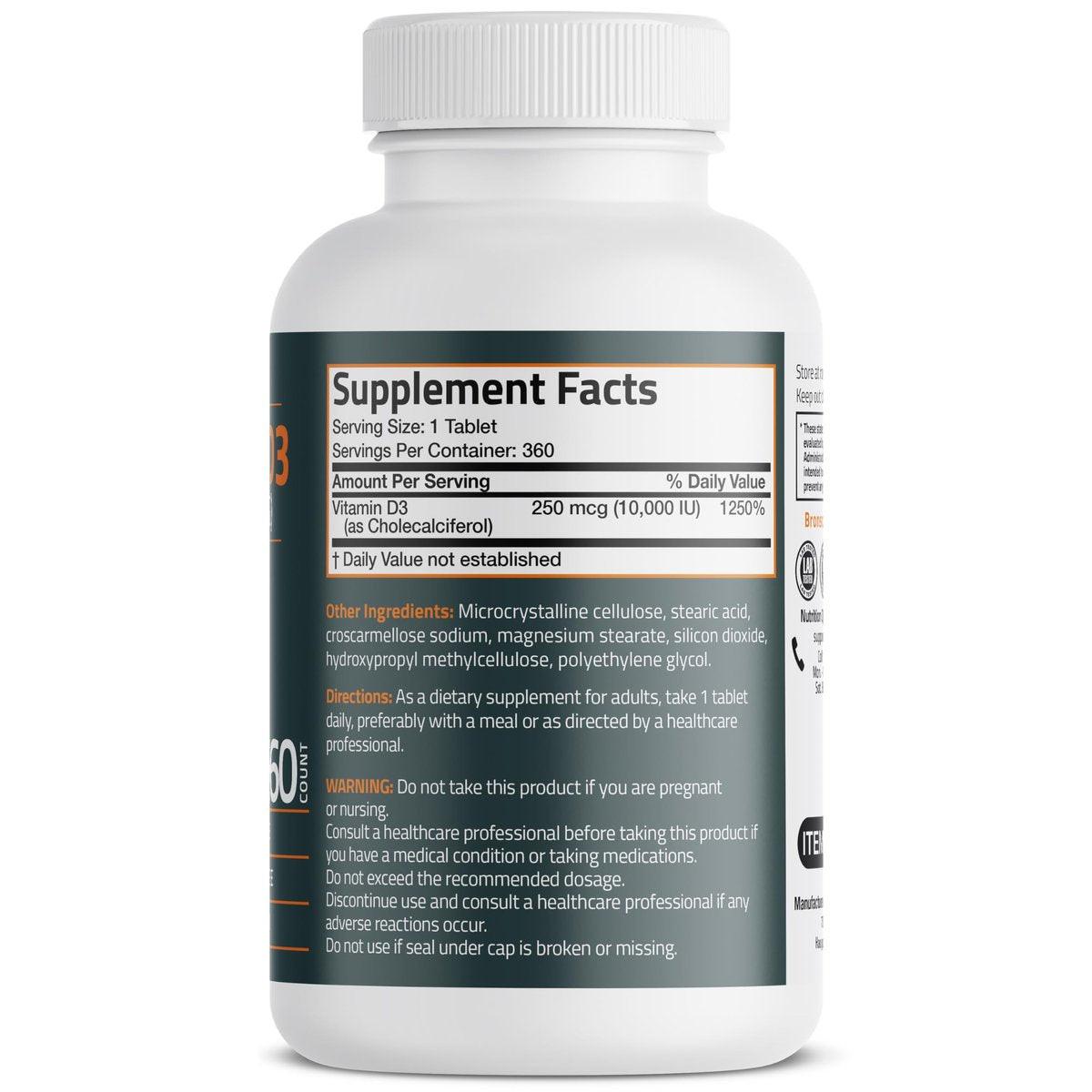 Bronson Vitamin D3 10.000 IE (250 µg) – 360 Tabletten für gesunde Muskelfunktion und Immununterstützung, Non-GMO