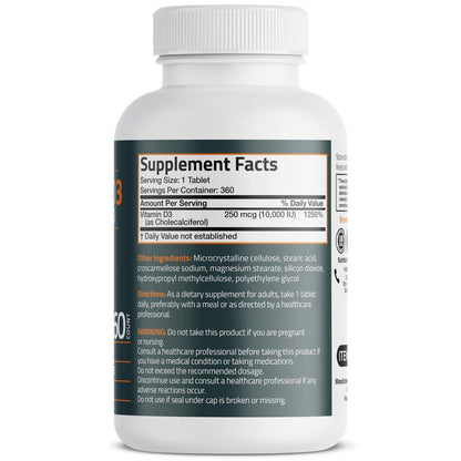Bronson Vitamin D3 10.000 IE (250 µg) – 360 Tabletten für gesunde Muskelfunktion und Immununterstützung, Non-GMO
