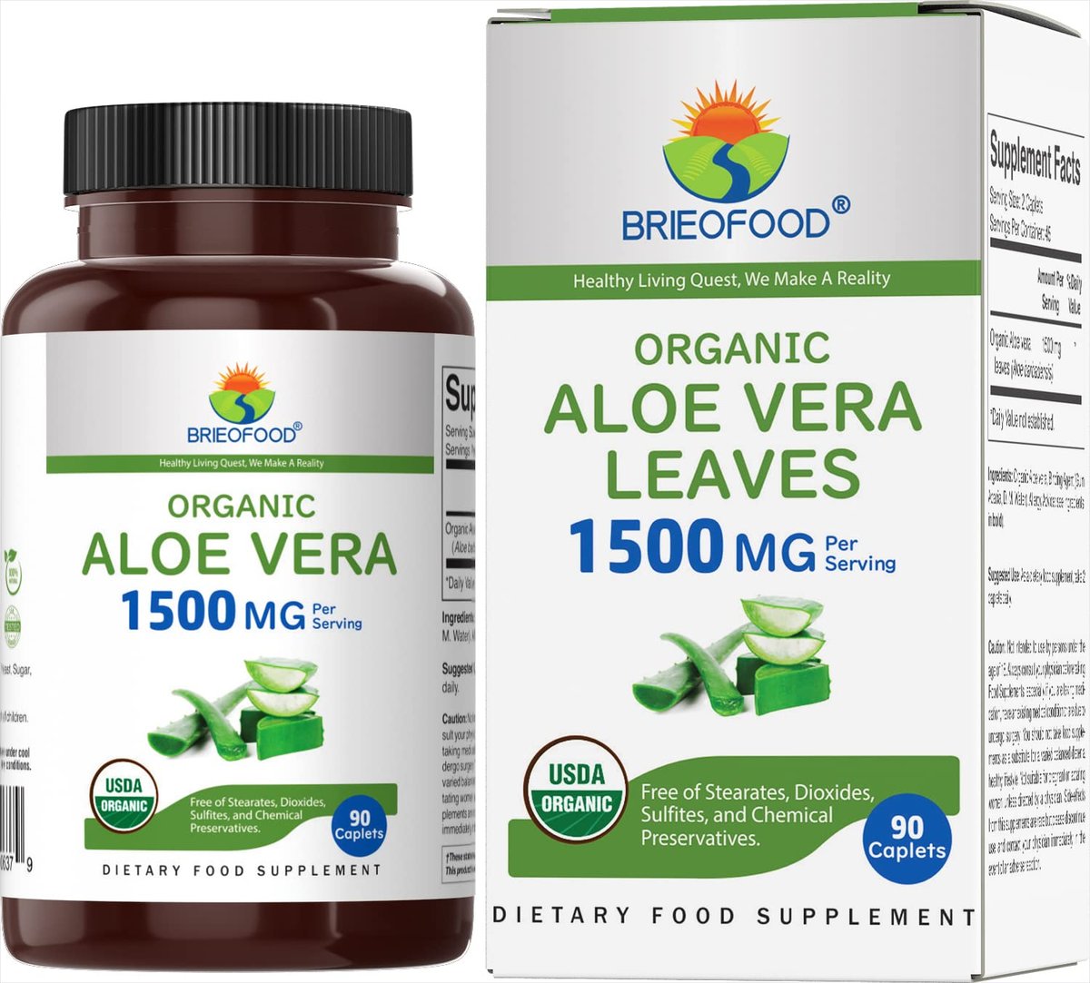 Brieofood Bio Aloe Vera 1500mg, 45 Portionen, Vegetarisch, Glutenfrei, 90 Vegetarische Tabletten
