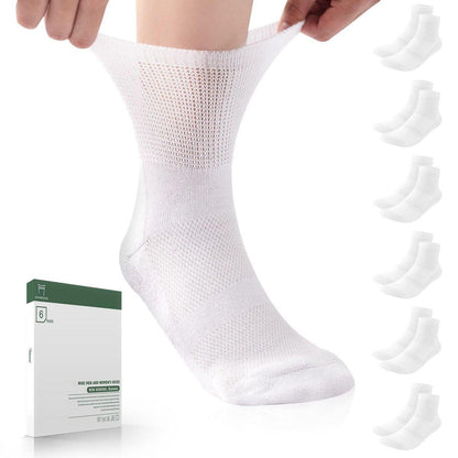 Bulinlulu Diabetikersocken für Damen und Herren, 6 Paar, nicht einschnürend, nahtlos, breite Socken, Größe 9-11 / 10-13 (Large, Weiß)